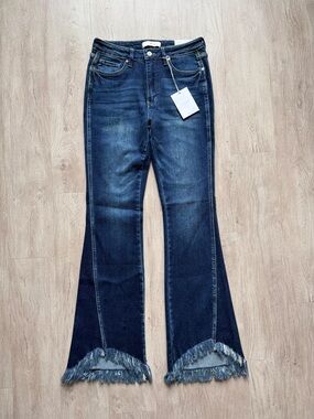 NWT Kancan High Rise Bootcut Flare Blue Jeans Dark Wash Denim Frayed Hem 11/29